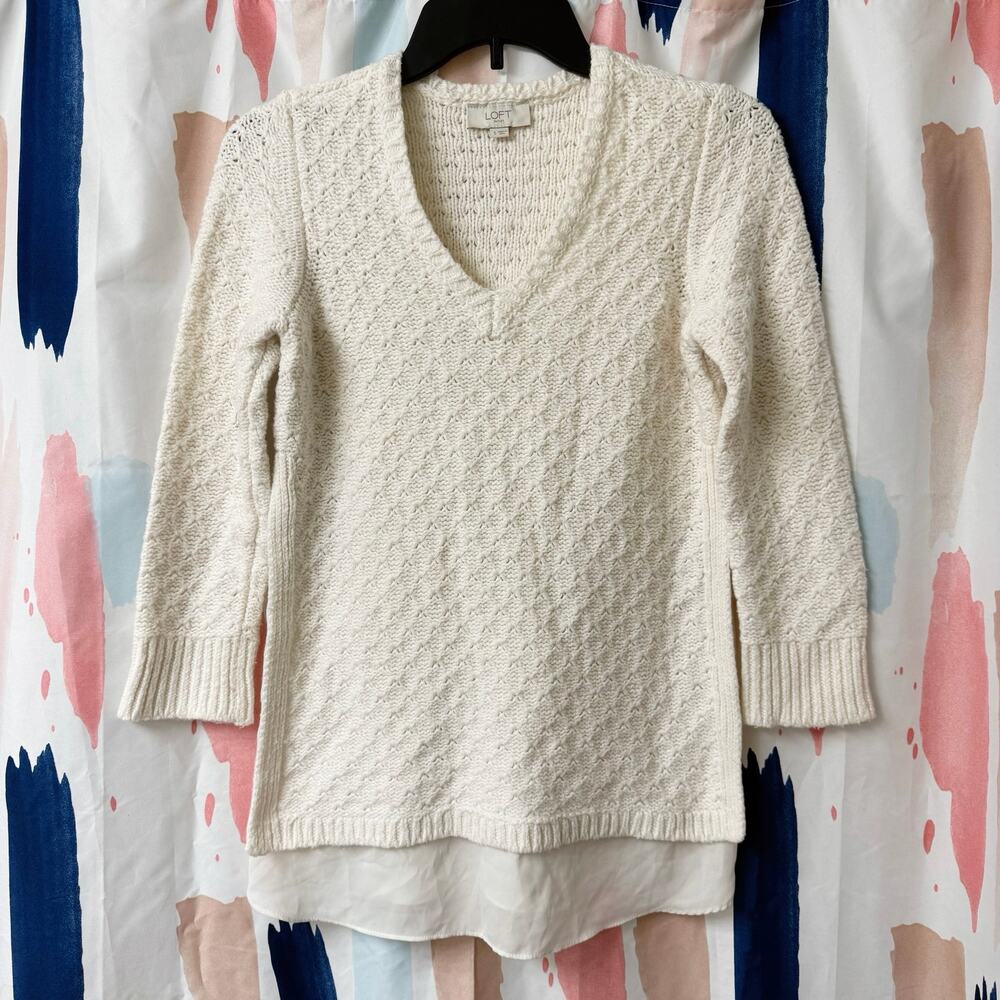 LOFT Outlet Cream Pullover Open Knit Sweater with Sheer Detail Size Small